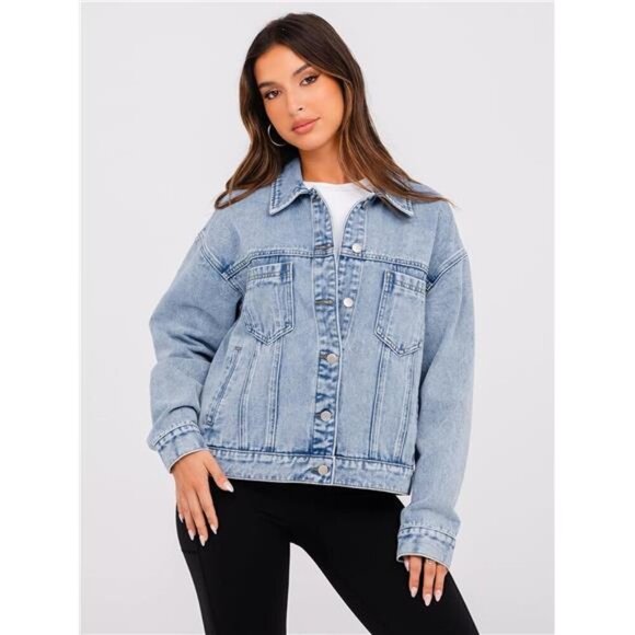 Womens Oversized Jean Jacket Casual Long Sleeve Button Down Denim - Picture 2 of 7